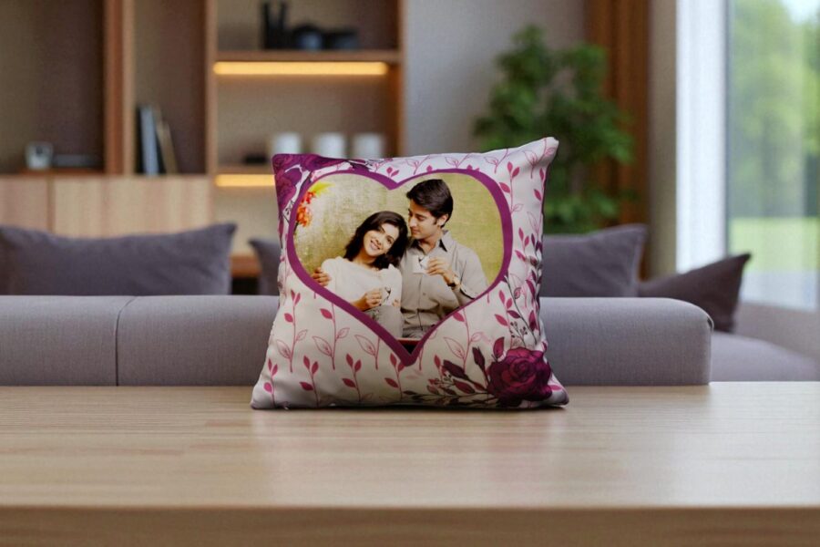 Floral LED Photo Cushion – Personalized Heart Frame Pillow with Custom Text