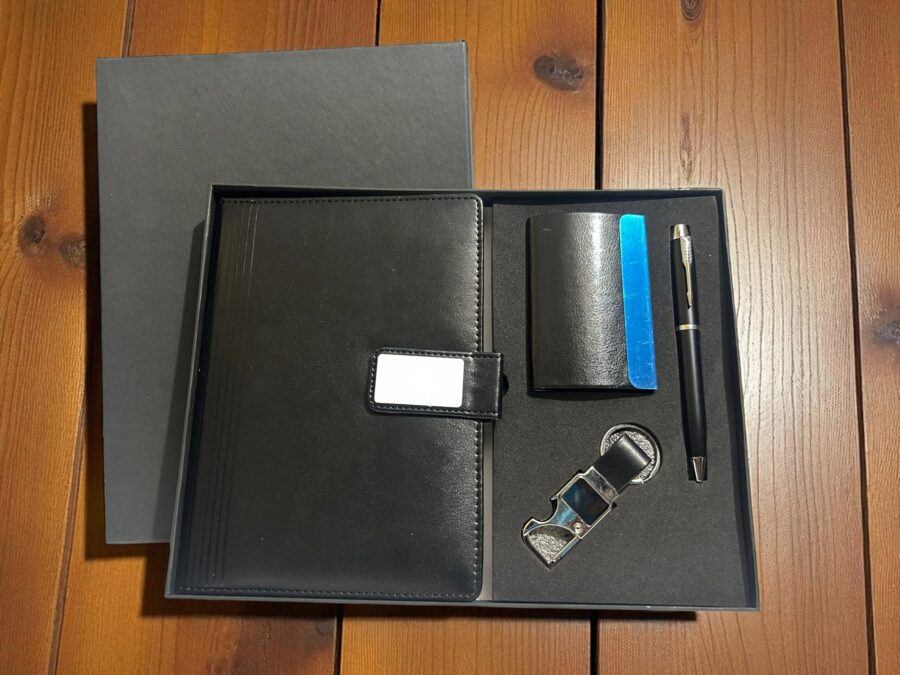 Premium Black Executive Corporate Gift Set – 4‑in‑1 Diary, Card Holder, Pen & Keychain (Engraved, Gift‑Boxed)